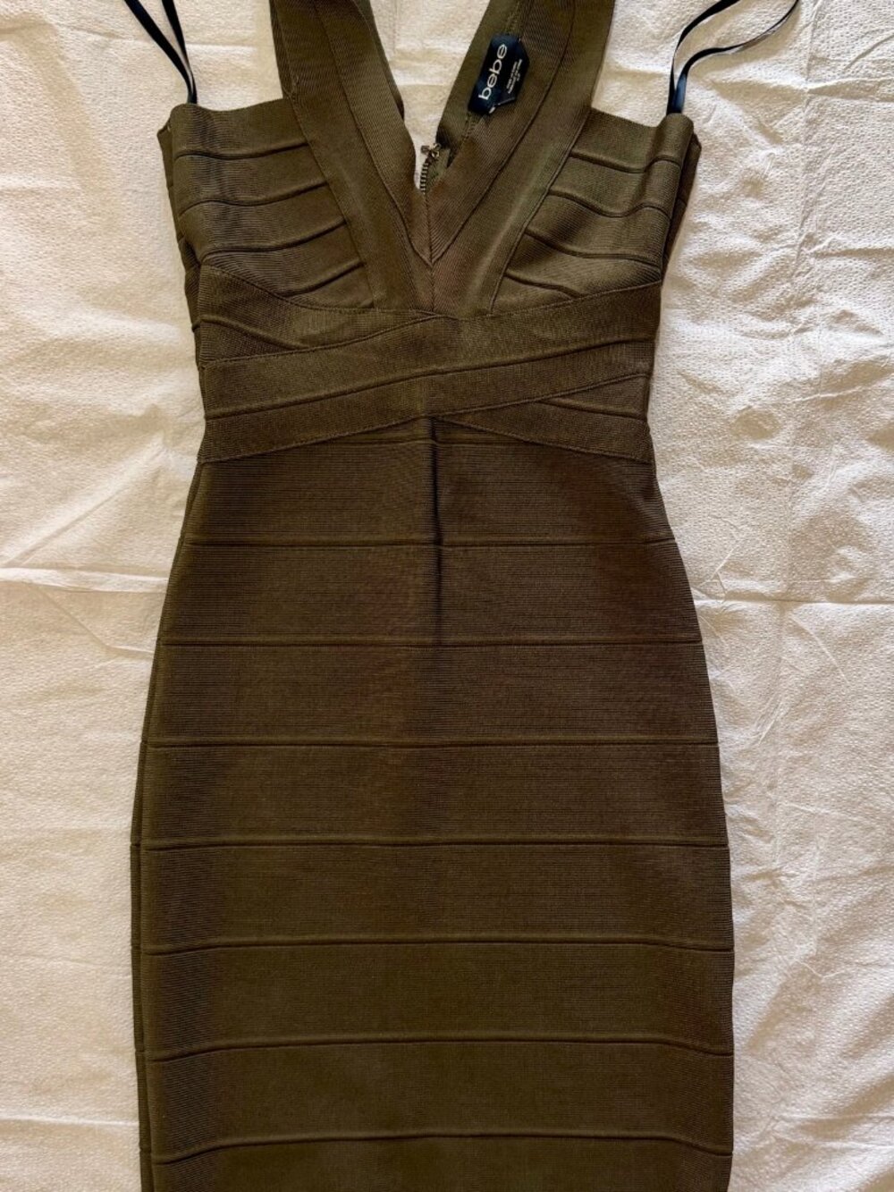Bebe Olive Bandage Bodycon Dress Deep V Crisscross Waist Back Zip S